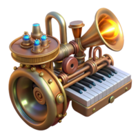impressive artistic A detailed steampunk musical instrument with brass pipes, intricate gears, and a keyboard, lit by a soft, ambient glow high quality png