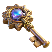stunning creative A detailed steampunk key with intricate carvings, gears, and a glowing crystal, lit by a soft, mysterious light original png