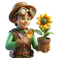 magnificent classic A curious steampunk botanist with a leather satchel, magnifying glass, and intricate goggles, examining a mechanical flower, lit by a bright, natural light detailed png