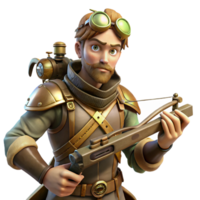 stunning vintage A fierce steampunk hunter with riveted armor, a steam-powered crossbow, and a determined expression, lit by a dramatic, forest light high quality png