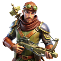 elegant rustic A fierce steampunk hunter with riveted armor, a steam-powered crossbow, and a determined expression, lit by a dramatic, forest light 4K png