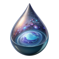 elegant traditional A spiral galaxy forming inside a crystal clear drop of water, reflecting the cosmos, surrealism style high quality png