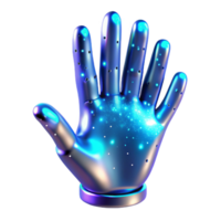 magnificent artistic A holographic projection of a human hand reaching out, composed of shimmering particles, illuminated by a cool, blue light. Futuristic style original png