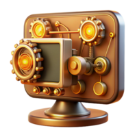 beautiful traditional Intricate clockwork mechanisms powering a vintage computer monitor displaying lines of code, lit by a warm, amber light. Steampunk style high resolution png