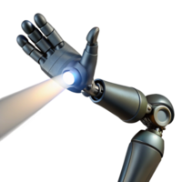 wonderful creative A biomechanical prosthetic arm extending from a shadowy figure, illuminated by a single beam of white light. Cyberpunk style high quality png
