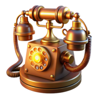 wonderful minimalist A vintage rotary phone with glowing wires and tubes, illuminated by a warm, orange light. Steampunk style original png