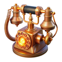 beautiful rustic A vintage rotary phone with glowing wires and tubes, illuminated by a warm, orange light. Steampunk style original png