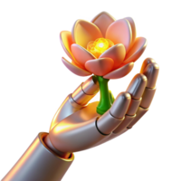 serene abstract A robotic hand holding a delicate flower, illuminated by a warm, golden light. Surreal style high resolution png