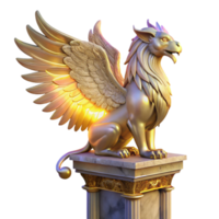 stunning creative A majestic griffin with iridescent feathers, perched atop a crumbling marble pillar, illuminated by a single ray of ethereal golden light. Intricate Art Nouveau style authentic png
