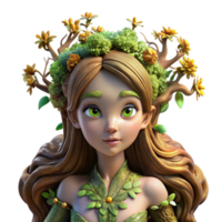 vibrant rustic A graceful dryad, her skin textured like bark, adorned with glowing moss and wildflowers, emerging from an ancient oak tree, lit by soft, dappled sunlight. Pre-Raphaelite style 4K png