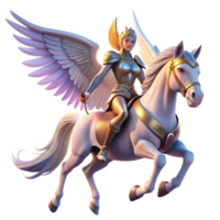 stunning minimalist A proud valkyrie riding a winged horse through a twilight sky, her armor gleaming in the fading light. Art Deco style high resolution png