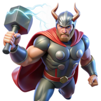 serene modern A powerful Thor wielding Mjolnir amidst a raging thunderstorm, lightning illuminating his muscular form. Norse mythology, dynamic lighting, comic book style high resolution png