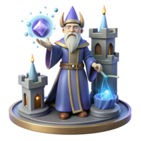 beautiful creative A wise Merlin casting a powerful spell in his ancient tower, surrounded by magical artifacts. Arthurian mythology, mystical and atmospheric 4K png