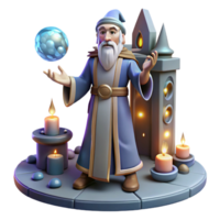 vibrant contemporary A wise Merlin casting a powerful spell in his ancient tower, surrounded by magical artifacts. Arthurian mythology, mystical and atmospheric 4K png