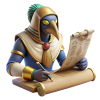 stunning classic A wise Thoth, depicted as an ibis-headed man, writing hieroglyphs on a papyrus scroll. Egyptian mythology, intricate details, warm lighting original png