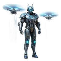 wonderful contemporary A powerful, robotic warrior stands guard over a futuristic city, illuminated by the searchlights of patrolling drones. The style is imposing and powerful professional png