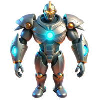 vibrant modern A powerful, robotic warrior stands guard over a futuristic city, illuminated by the searchlights of patrolling drones. The style is imposing and powerful high quality png