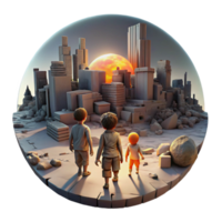serene modern A group of children play amongst the ruins of a futuristic city, illuminated by the setting sun of a dying planet. The style is melancholic and post-apocalyptic original png