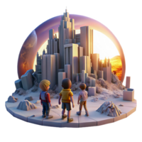 dramatic contemporary A group of children play amongst the ruins of a futuristic city, illuminated by the setting sun of a dying planet. The style is melancholic and post-apocalyptic high resolution png