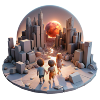 extraordinary classic A group of children play amongst the ruins of a futuristic city, illuminated by the setting sun of a dying planet. The style is melancholic and post-apocalyptic authentic png