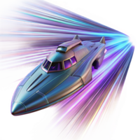 impressive artistic A sleek, futuristic starship warps through hyperspace, leaving a trail of distorted light and color in its wake. The style is abstract and dynamic high resolution png