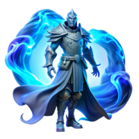 vibrant vintage A lone, ethereal warrior with glowing blue runes etched into their armor, standing amidst swirling, phosphorescent mist, lit by the eerie glow of a spectral moon. Art Nouveau style 4K png