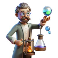 dramatic traditional A steampunk scientist, conducting an experiment with bubbling chemicals and sparking electrodes, in a dimly lit laboratory, with a vintage scientific illustration style genuine png
