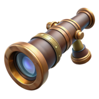 extraordinary traditional A steampunk spyglass, intricately crafted with brass and lenses, pointing towards a distant cityscape, in a realistic render style detailed png