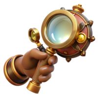 magnificent vintage A steampunk monocle, with a magnifying glass and intricate filigree design, held by a gloved hand, lit by a spotlight, in a fashion photography style authentic png
