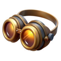 serene traditional A steampunk goggles, with tinted lenses and brass frames, resting on a leather surface, lit by a soft glow, in a product design style genuine png