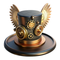 elegant modern A steampunk top hat, adorned with gears, cogs, and miniature brass wings, on a mannequin head, lit by a dramatic spotlight, in a theatrical style high quality png