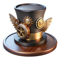impressive contemporary A steampunk top hat, adorned with gears, cogs, and miniature brass wings, on a mannequin head, lit by a dramatic spotlight, in a theatrical style high resolution png