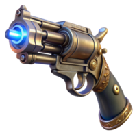 stunning traditional A steampunk pistol, with ornate engravings and a rotating cylinder, held in a gloved hand, lit by a dramatic spotlight, in an action movie style original png