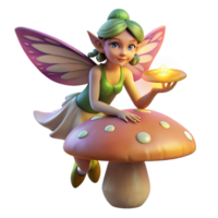 impressive vintage A mischievous pixie with iridescent wings, perched on a giant mushroom, holding a glowing orb. Warm, dappled sunlight. Digital painting style premium png