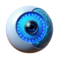 dramático tradicional uma solteiro humano olho, íris brilhando com binário código, refletindo uma complexo rede do digital conexões, aceso de uma legal, clínico azul claro. biopunk estilo. raio rastreamento 4k png