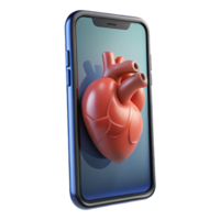 beautiful creative A transparent smartphone displaying a 3D model of a human heart, rotating slowly, lit by the internal screen light, rendered in a photorealistic style authentic png