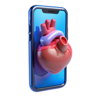 dramatic vintage A transparent smartphone displaying a 3D model of a human heart, rotating slowly, lit by the internal screen light, rendered in a photorealistic style professional png