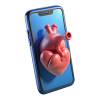 serene modern A transparent smartphone displaying a 3D model of a human heart, rotating slowly, lit by the internal screen light, rendered in a photorealistic style premium png