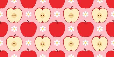 Seamless pattern with white daisy and red apples, whole and half. flat style smooth, clean design fruit patterns. Perfect for fashion prints, stationery products, textiles, wallpapers, wrapping paper vector