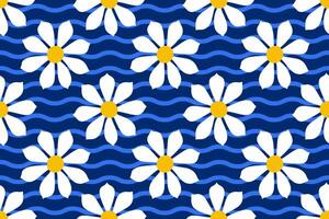 Seamless pattern of white daisies with yellow centers set on deep blue background with wavy lines. Summery aesthetic pattern. Perfect for textiles, wallpapers, wrapping paper, digital backgrounds vector