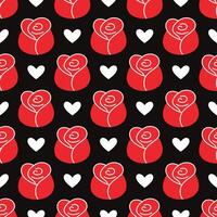 Seamless pattern with red roses and white hearts on black background. Flat playful, romantic design bright colors. Perfect for Valentines Day projects, fashion prints, wrapping paper, textiles vector