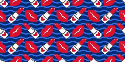 Seamless pattern with red lips and lipstick on blue wavy background. Flat playful, romantic design bright colors. Perfect for Valentines Day projects, fashion prints, wrapping paper, textiles vector