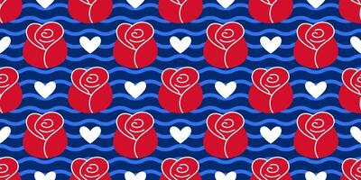 Seamless pattern with red roses and white hearts on blue wavy background. Flat playful, romantic design bright colors. Perfect for Valentines Day projects, fashion prints, wrapping paper, textiles vector