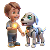 impressive artistic A robotic dog interacting with a child, its eyes glowing with friendly light, rendered in a heartwarming, illustrative style original png