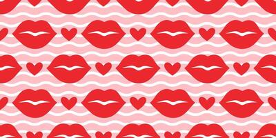 Seamless pattern with red lips and hearts on pink background. Flat playful, romantic design bright colors. Perfect for Valentines Day projects, fashion prints, wallpapers, wrapping paper, textiles vector