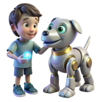 serene artistic A robotic dog interacting with a child, its eyes glowing with friendly light, rendered in a heartwarming, illustrative style premium png