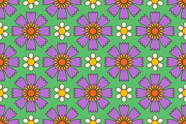 Seamless floral pattern with purple and yellow flowers on green background. Retro vintage floral prints from the 60s and 70s. Perfect for textiles, wallpaper, gift wrapping, spring and summer themes