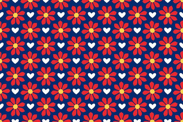 Seamless pattern of red daisies and white hearts on blue background. Flat playful, romantic design Summery aesthetic pattern. Perfect for textiles, wallpapers, wrapping paper, digital backgrounds