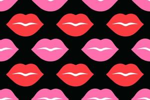 Seamless pattern with red and pink lips on black background. Flat playful, romantic design pastel tones. Perfect for Valentines Day projects, fashion prints, wallpapers, wrapping paper, textiles vector