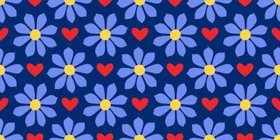 Seamless pattern of blue daisies and red hearts on blue background. Flat playful, romantic design Summery aesthetic pattern. Perfect for textiles, wallpapers, wrapping paper, digital backgrounds vector